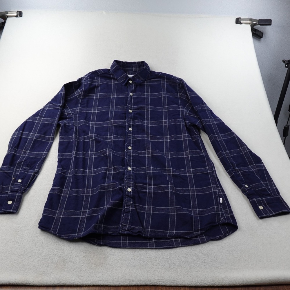 Wax London Kramer Shirt Mens XL Blue Windowpane Plaid Cotton Button Up